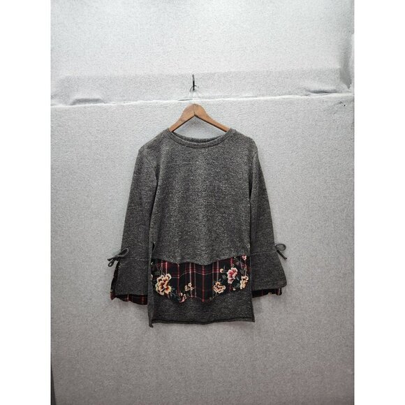 New York Laundry Gray Sweater Tunic Small S Floral Hem Detail & Ties - Picture 1 of 4